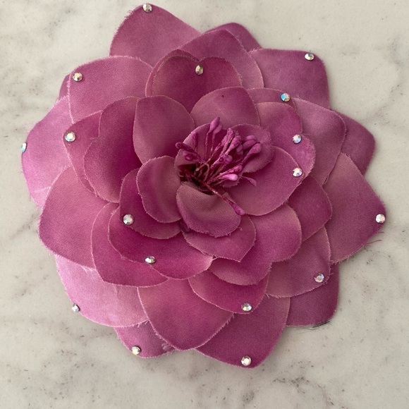 Avon Jewelry - Avon Novelty Mauve Fabric Flower Pin with Crystal Embellishments